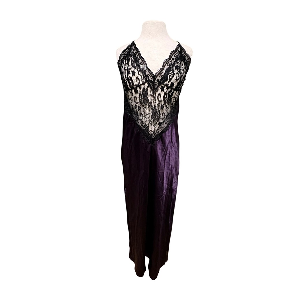 Dreamgirl Purple Satin Black Lace Nightgown Gothic Romance Maxi Slip Dress XL